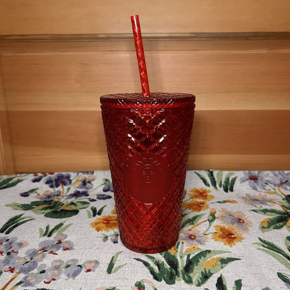 Starbucks Red Jeweled Tumbler Cold Cup Grande 16oz Summer Iced Latte Coffee Brew